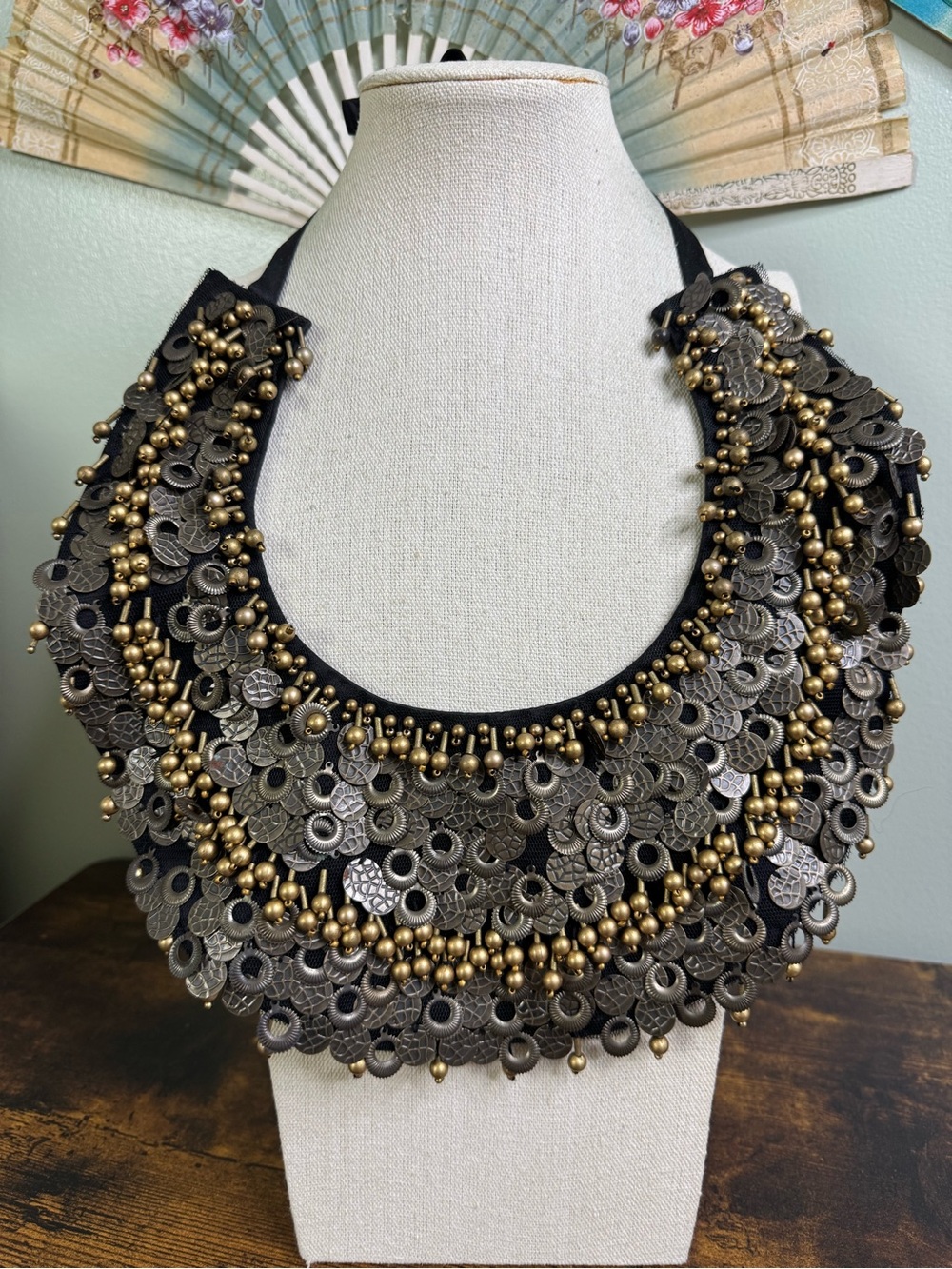 Vintage Simon Chang Statement Coin Bib Necklace in Black Gold Ribbon Closure